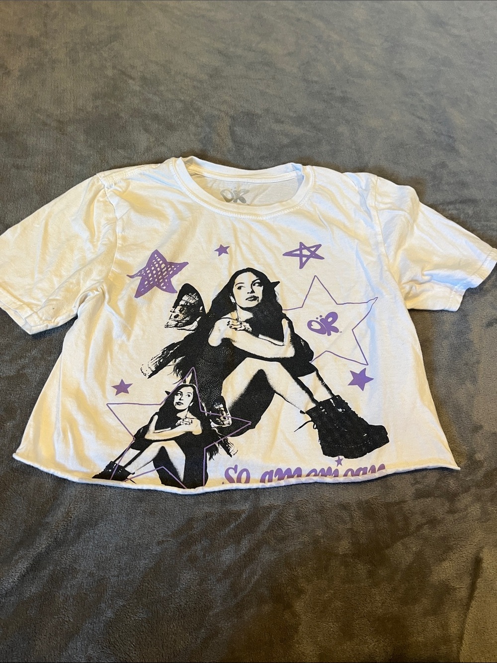White Crop Tee with Purple Star Graphic